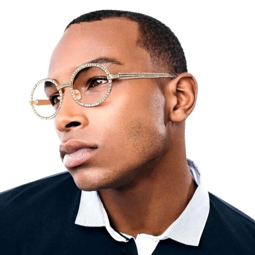Rhinestone Glasses Gold Frame Clear Lens Fashion Eyewear Street Wear Hip Hop Hot